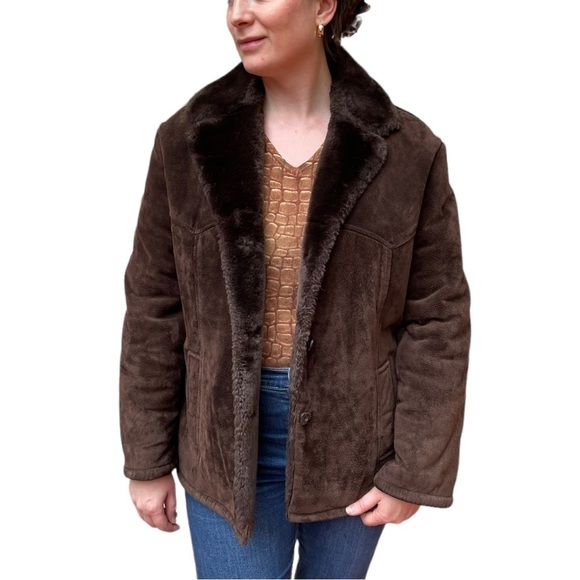 GUESS Y2K PENNY LANE STYLE FAUX FUR BROWN SUEDE LEATHER BUTTON DOWN JACKET - Picture 1 of 14